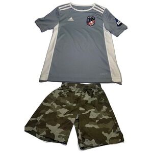 Adidas NEFC Soccer Jersey + Camo Athletic Shorts | Boys Size 8 | Sporty Set